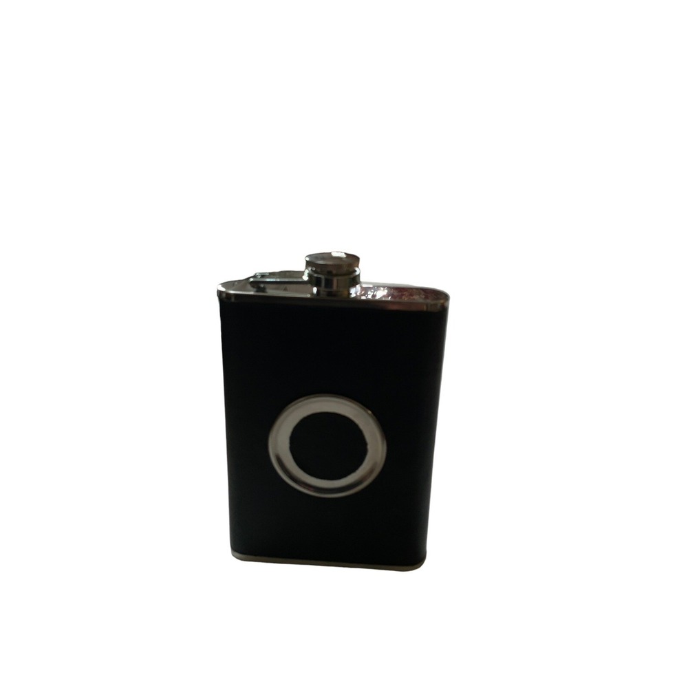 Vintage Flask Stainless Steel With Black Leather Over Lay hip/pocket 7 0z